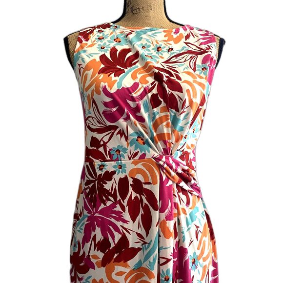 Maggy London Twist Front Sheath Dress Multicolor Tropical Floral US Size 6 - Picture 2 of 7